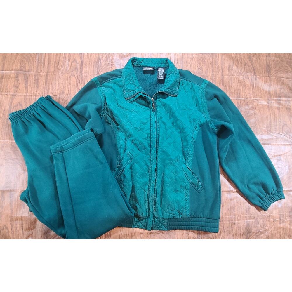 VTG Outbrook Women Sz Med Silk & Jersey Track Athletic Set Jacket Pants Emerald